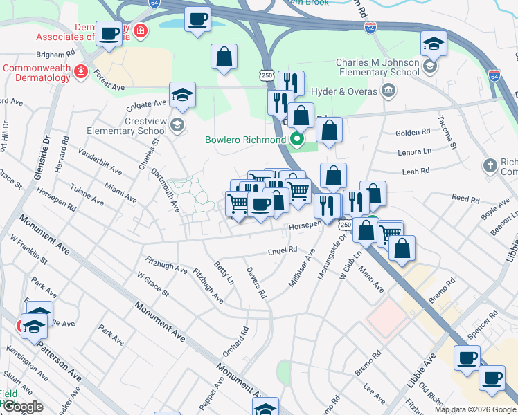 map of restaurants, bars, coffee shops, grocery stores, and more near 6405 Rigsby Rd in Richmond