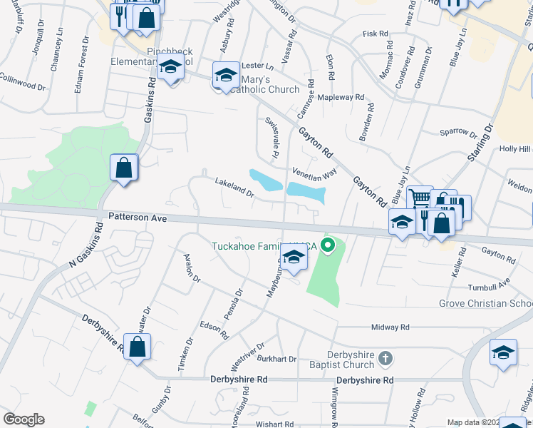 map of restaurants, bars, coffee shops, grocery stores, and more near 9307 Lakeland Terrace in Richmond