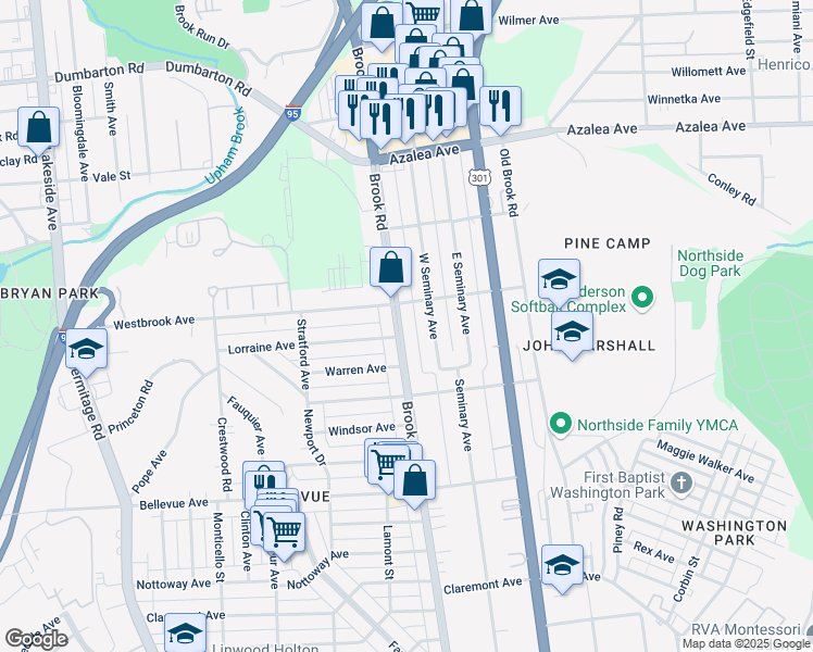 map of restaurants, bars, coffee shops, grocery stores, and more near 4531 Brook Road in Richmond