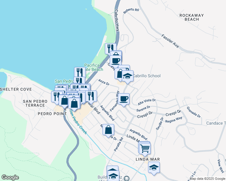 map of restaurants, bars, coffee shops, grocery stores, and more near 1120 De Solo Drive in Pacifica