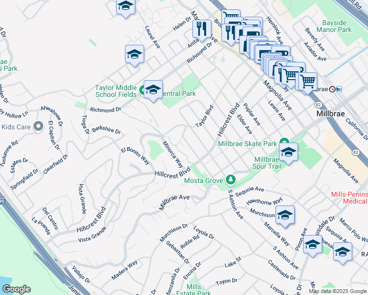 map of restaurants, bars, coffee shops, grocery stores, and more near 871 Almenar Street in Millbrae