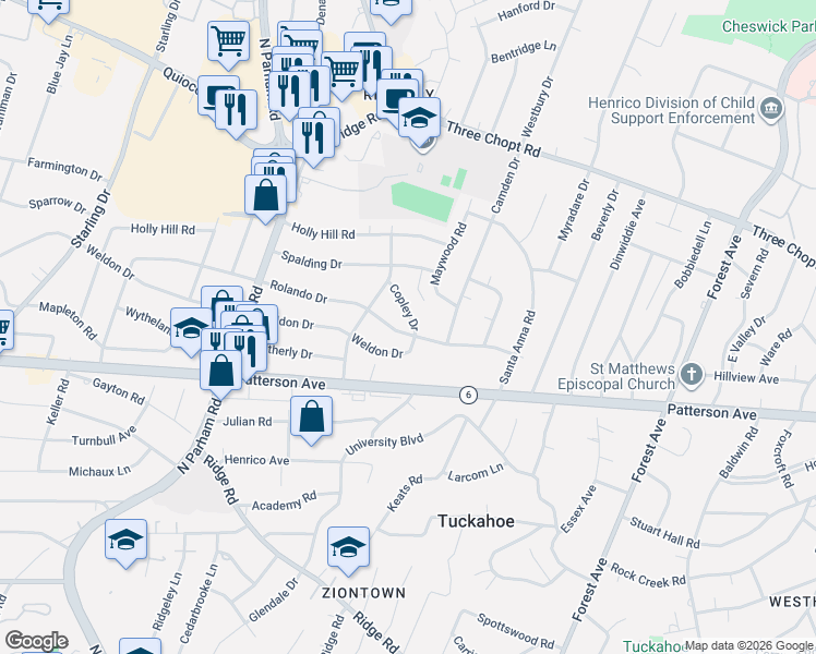 map of restaurants, bars, coffee shops, grocery stores, and more near 8401 Copley Drive in Richmond