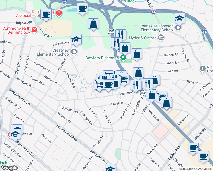 map of restaurants, bars, coffee shops, grocery stores, and more near 6405 Rigsby Rd in Richmond