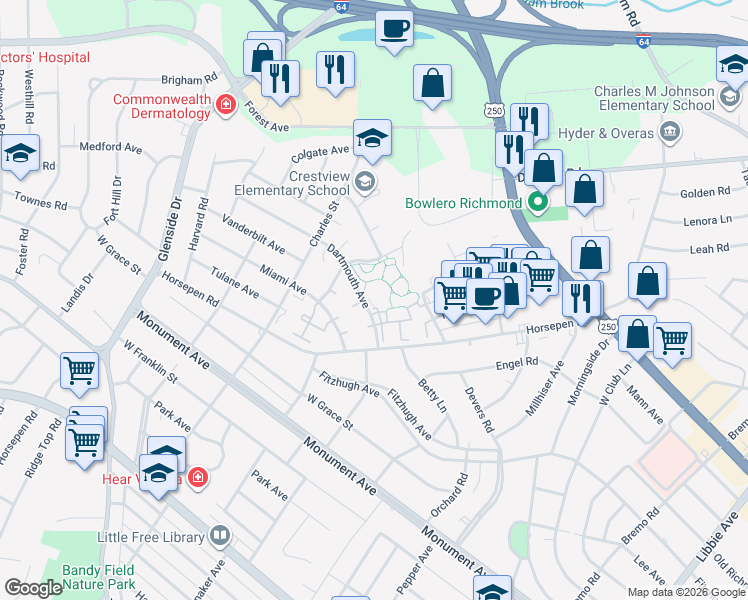 map of restaurants, bars, coffee shops, grocery stores, and more near 1 Drayson Way in Richmond