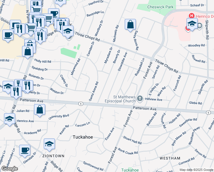 map of restaurants, bars, coffee shops, grocery stores, and more near 1203 Beverly Drive in Richmond