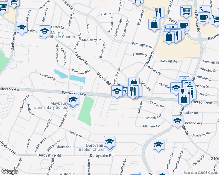 map of restaurants, bars, coffee shops, grocery stores, and more near 9010 Patterson Avenue in Richmond