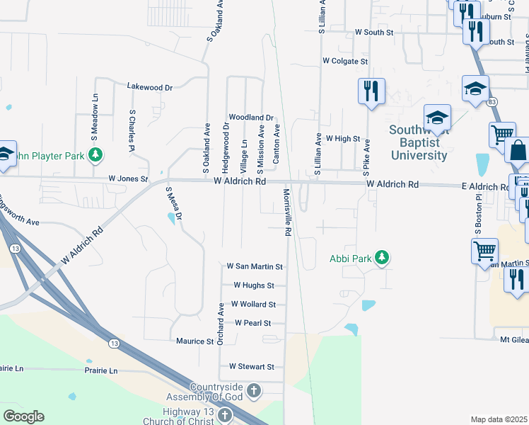 map of restaurants, bars, coffee shops, grocery stores, and more near 626-698 Joycee Lane in Bolivar