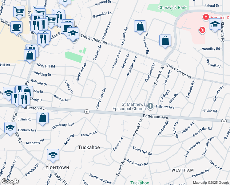 map of restaurants, bars, coffee shops, grocery stores, and more near 1203 Beverly Dr in Richmond