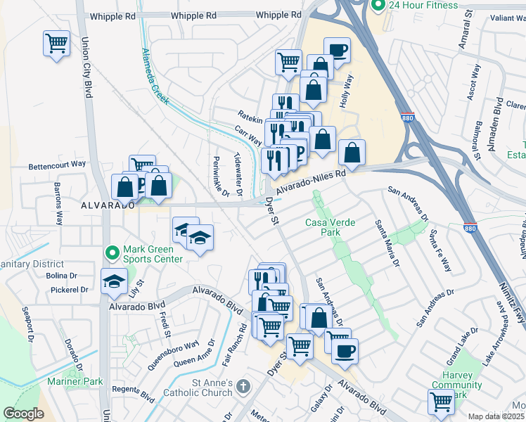 map of restaurants, bars, coffee shops, grocery stores, and more near 3305 San Carlos Way in Union City