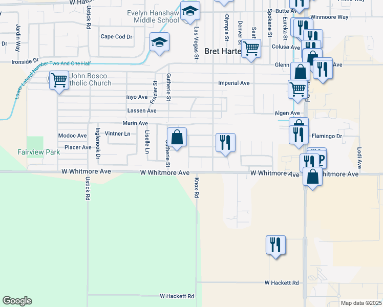 map of restaurants, bars, coffee shops, grocery stores, and more near 737 Park Meadow Drive in Modesto
