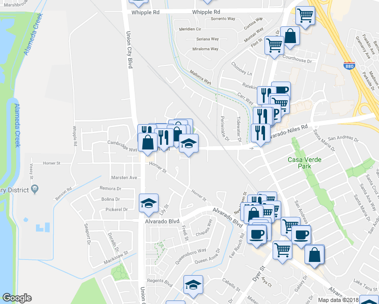 map of restaurants, bars, coffee shops, grocery stores, and more near 31054 Fredi Street in Union City