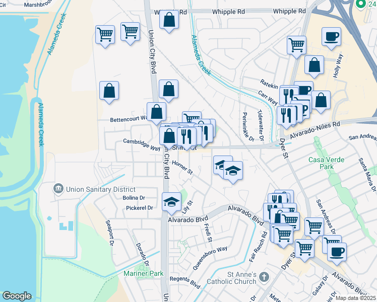 map of restaurants, bars, coffee shops, grocery stores, and more near 31025 Watkins Street in Union City