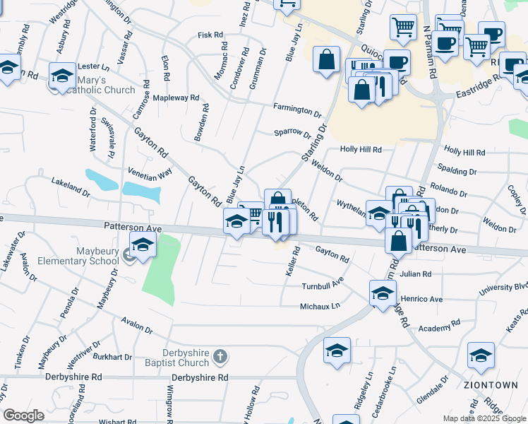 map of restaurants, bars, coffee shops, grocery stores, and more near 1101 Starling Drive in Henrico