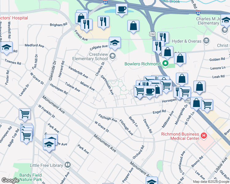 map of restaurants, bars, coffee shops, grocery stores, and more near 1 Drayson Way in Richmond