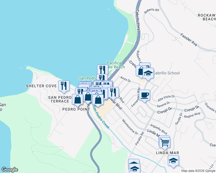map of restaurants, bars, coffee shops, grocery stores, and more near in Pacifica