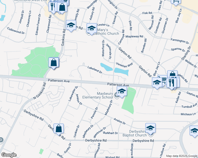 map of restaurants, bars, coffee shops, grocery stores, and more near 9317 Lakeland Court in Richmond