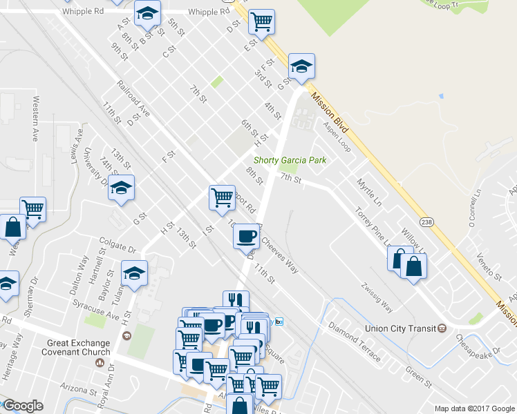 map of restaurants, bars, coffee shops, grocery stores, and more near 33941 9th Street in Union City