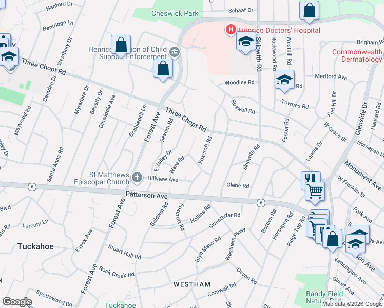 map of restaurants, bars, coffee shops, grocery stores, and more near 1311 Ware Road in Richmond