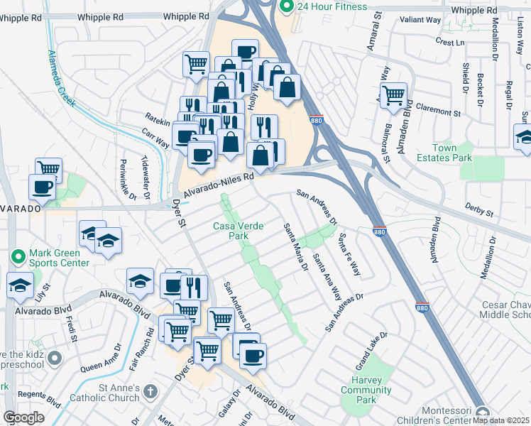 map of restaurants, bars, coffee shops, grocery stores, and more near 3133 San Angelo Way in Union City