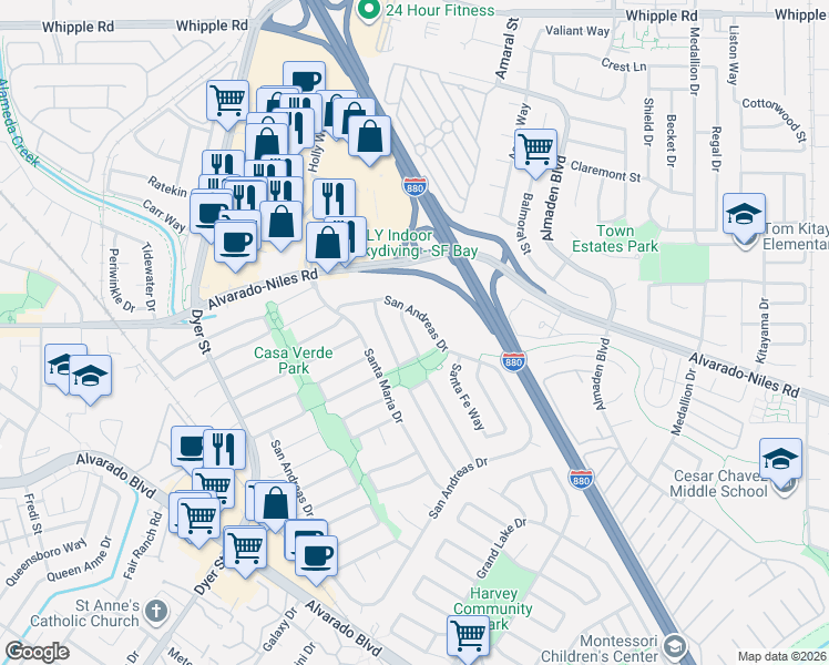 map of restaurants, bars, coffee shops, grocery stores, and more near 31286 Santa Rita Way in Union City