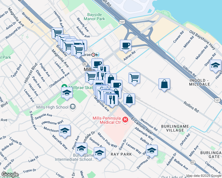 map of restaurants, bars, coffee shops, grocery stores, and more near 1860 El Camino Real in Burlingame