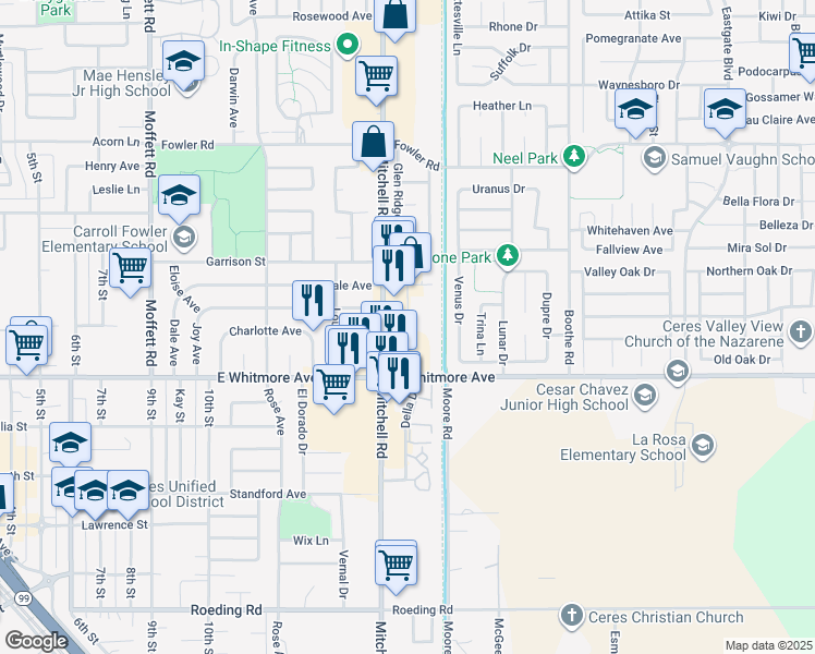 map of restaurants, bars, coffee shops, grocery stores, and more near 3109 East Whitmore Avenue in Ceres