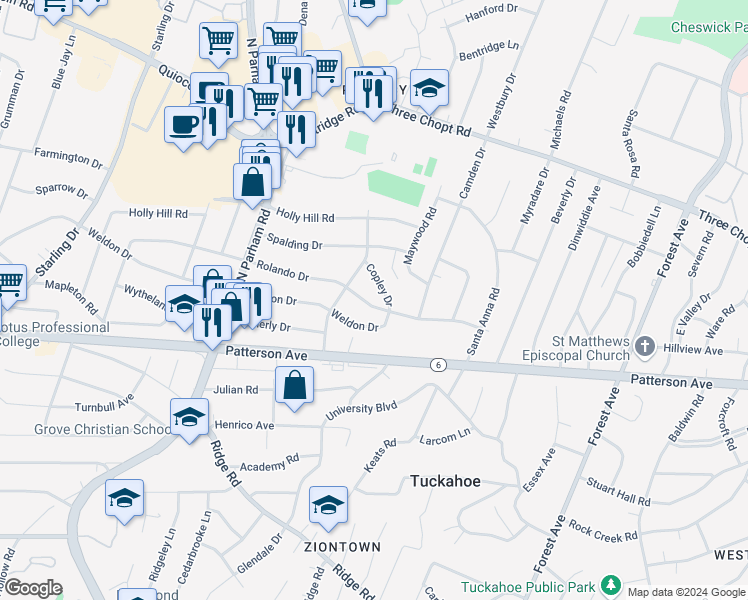 map of restaurants, bars, coffee shops, grocery stores, and more near 8402 Rolando Drive in Richmond