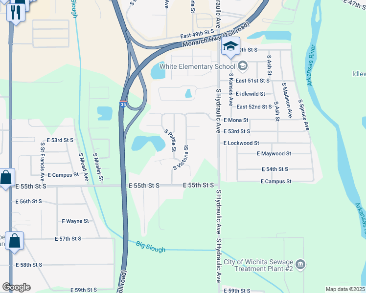 map of restaurants, bars, coffee shops, grocery stores, and more near 5419 South Victoria Street in Wichita