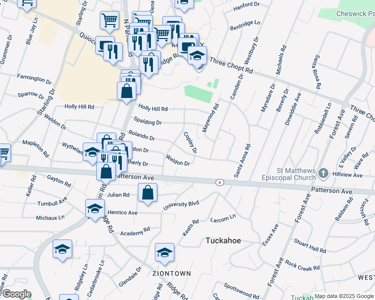 map of restaurants, bars, coffee shops, grocery stores, and more near 8402 Rolando Drive in Richmond