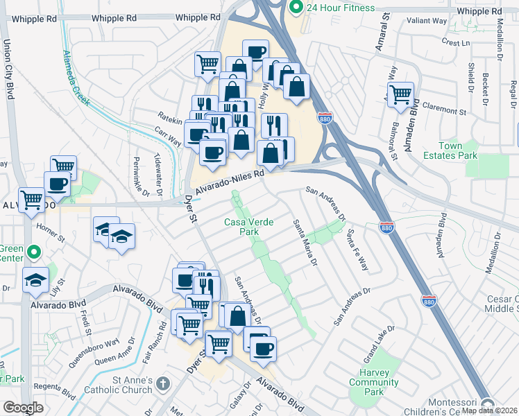 map of restaurants, bars, coffee shops, grocery stores, and more near 3133 San Juan Place in Union City