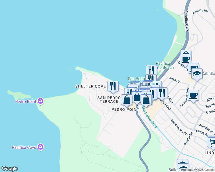 map of restaurants, bars, coffee shops, grocery stores, and more near 249 Kent Road in Pacifica