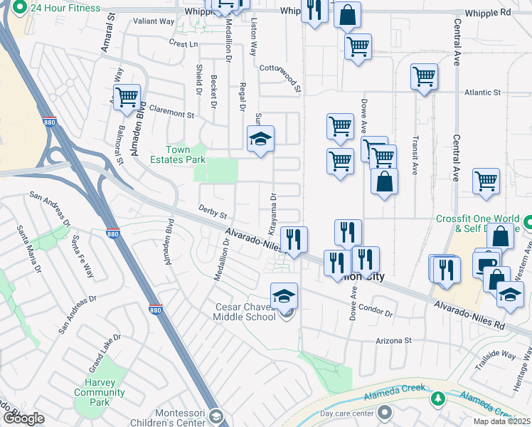 map of restaurants, bars, coffee shops, grocery stores, and more near 32709 Amethyst Way in Union City