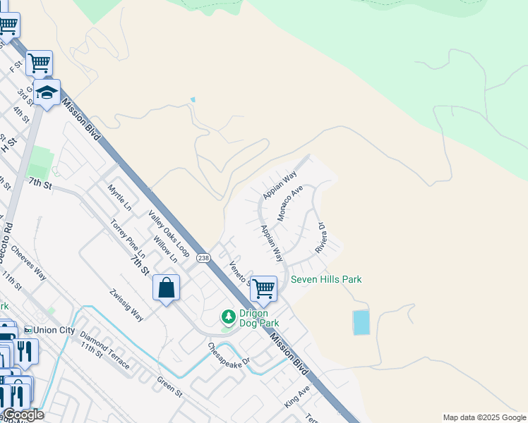 map of restaurants, bars, coffee shops, grocery stores, and more near 355 Appian Way in Union City