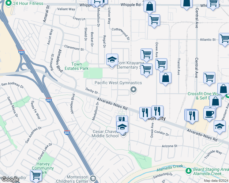 map of restaurants, bars, coffee shops, grocery stores, and more near 32709 Amethyst Way in Union City