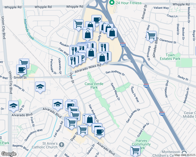map of restaurants, bars, coffee shops, grocery stores, and more near 3133 San Juan Place in Union City