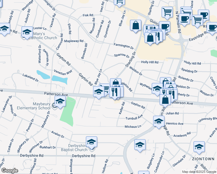 map of restaurants, bars, coffee shops, grocery stores, and more near 1101 Starling Drive in Henrico