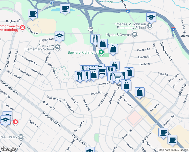 map of restaurants, bars, coffee shops, grocery stores, and more near 6312 Rigsby Road in Richmond