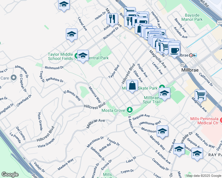 map of restaurants, bars, coffee shops, grocery stores, and more near 333 Ashton Avenue in Millbrae