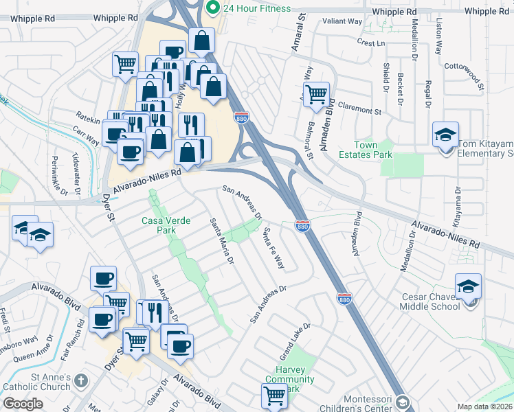 map of restaurants, bars, coffee shops, grocery stores, and more near 31314 San Andreas Drive in Union City