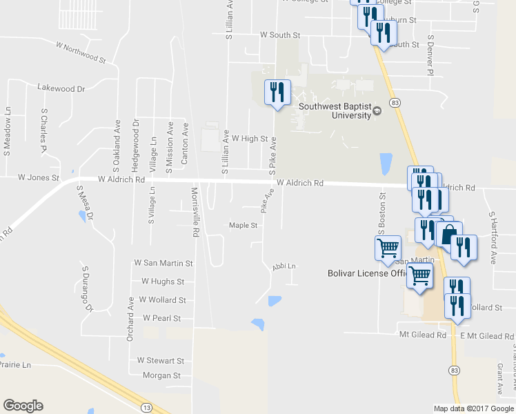 map of restaurants, bars, coffee shops, grocery stores, and more near 350 Bradford St in Bolivar