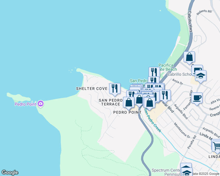 map of restaurants, bars, coffee shops, grocery stores, and more near 249 Kent Road in Pacifica