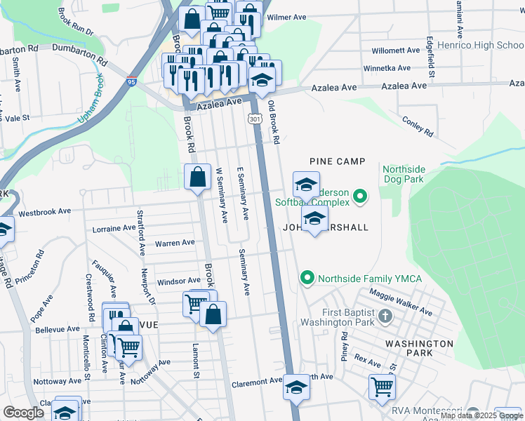 map of restaurants, bars, coffee shops, grocery stores, and more near 4328 Chamberlayne Avenue in Richmond