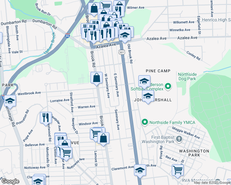 map of restaurants, bars, coffee shops, grocery stores, and more near 4530 East Seminary Avenue in Richmond