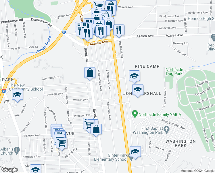map of restaurants, bars, coffee shops, grocery stores, and more near 4530 East Seminary Avenue in Richmond