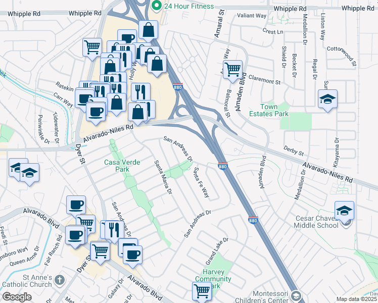 map of restaurants, bars, coffee shops, grocery stores, and more near 31314 San Andreas Drive in Union City
