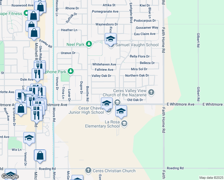 map of restaurants, bars, coffee shops, grocery stores, and more near 3641 Southern Oak Drive in Ceres