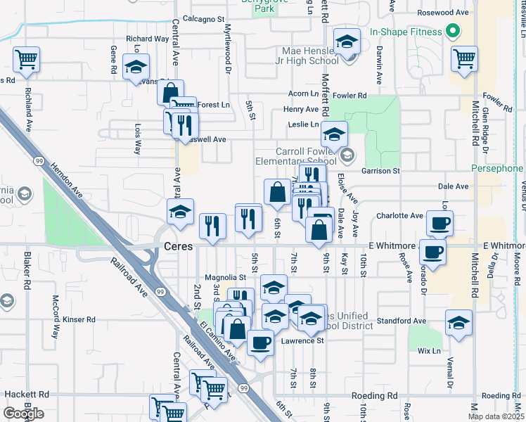 map of restaurants, bars, coffee shops, grocery stores, and more near 2309 6th Street in Ceres