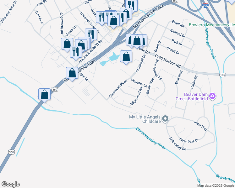 map of restaurants, bars, coffee shops, grocery stores, and more near 7113 Harbor Light Way in Mechanicsville