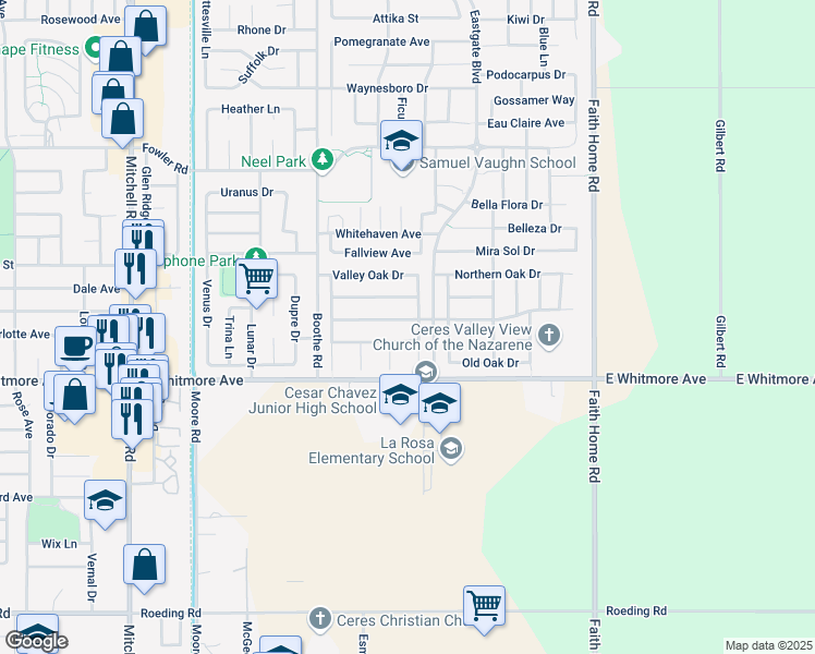 map of restaurants, bars, coffee shops, grocery stores, and more near 3641 Southern Oak Drive in Ceres