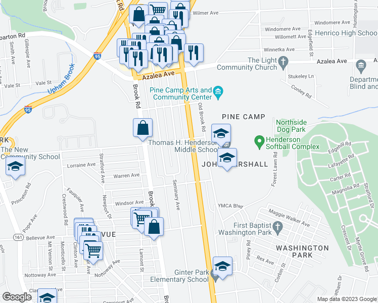 map of restaurants, bars, coffee shops, grocery stores, and more near 4328 Chamberlayne Avenue in Richmond